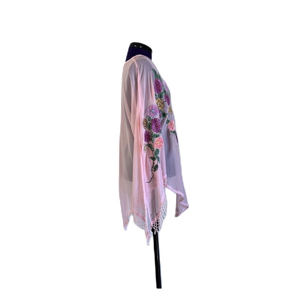 Roamans Pink Sheer Floral Beaded Long Sleeve Top - Picture 3 of 16